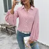 Bai Fen Zhi Yi Transfronterizo 2025 Otoño Nuevo Estilo Fresca y Elegante Blusa Rayada Holgada con Cuello de Solapa y Mangas Abullonadas