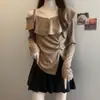 2025 Nuevo Estilo Otoño Camiseta Asimétrica Personalizada con Solapa Hombros Descubiertos para Mujer Talla Grande mm Camiseta Versátil con Efecto Adelgazante