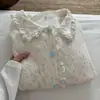 Outono de 2026 Novo Estampa Floral Desenho Animado 100% Algodão Gaze Dupla Camada Gola Lapela Renda Manga Longa Calça Longa Roupa de Dormir