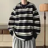 Novo suéter listrado retrô para casal transfronteiriço, estilo masculino solto e relaxado, blusa de tricô gola redonda, com blocos de cor, macia e confortável, moderna