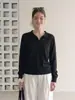 Suéter Tricot Elegante Vintage Estilo Old Money com Gola V e Manga Longa para Mulheres, Suéter de Gola Reversível para o Início do Outono, Top Base