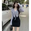 Vestido Sexy com Patchwork Colorido, Franzidos e Mangas Longas, com Toque de Luxo, Modelagem Justa, Falso Duas Peças Bodycon Curto para Mulheres no Outono