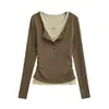 Camiseta de Manga Larga de Punto Medio Imitación Cachemir para Mujer Cuello Redondo Otoño e Invierno 2025 Nuevo Cintura Fruncida Corta Falsa de Dos Piezas Top
