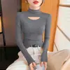 Camiseta Básica de Cuello Alto Cortado a la Mitad para Mujer, Manga Larga para Otoño e Invierno, Tejida Delgada con Hilo, Aspecto Adelgazante, Top Negro