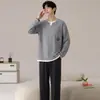 Conjunto de Pijama Masculino LM Algodão Puro Gola Redonda Outono Novo Alta Qualidade Manga Longa Calça Longa Tamanho Grande Casual Para Casa Roupa Externa