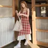 Vestido Falda Lencera a Cuadros con Puntadas de Encaje para Mujer Verano 2024 Nuevo Fresco Holgado Adelgazante Falda Falsa de Dos Piezas