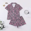 Nuevo Pijama de Comercio Exterior Transfronterizo para Mujer con Solapas Estampadas, Mangas Cortas, Shorts, Ropa de Casa Estilo Europeo y Americano, Cárdigan Holgado y Cómodo