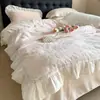 Conjunto de Quatro Peças de Veludo Leite Estilo Retrô Francês Outono e Inverno Babados Esculpidos Espessura Lençol Capa de Edredom Roupa de Cama