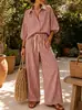 Comercio Exterior Transfronterizo Camisa Rayada Pantalones de Pierna Ancha Conjunto de Dos Piezas Solapa Mangas Abullonadas Cordón Estilo Casual Vacacional Ropa para Mujer Verano