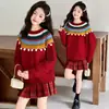 Roupas de Inverno para Meninas Suéter de Tricô Estilo Academia Vermelho Doce Versátil Top Saia Xadrez Infantil Roupas Quentes para Adolescentes