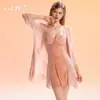 Sexy Camisón Floral Estilo Rosa con Encaje de Malla, Copas en el Pecho, Cadena de Perlas, Camisón, Bata y Conjunto de Ropa de Casa Dl7298