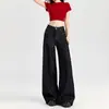 Calça Jeans Wide Leg Azul Escuro para Mulheres, Novo Outono Retrô Americano Cintura Alta Emagrecimento Solta Caimento Longo até o Chão para Mulheres