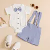 Nuevo conjunto de mameluco de algodón y lino de manga corta para niños, estilo casual, overol a rayas con corbata de moño.