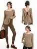 Cubierta de Yoga para Mujer Espalda Cruzada Manga Larga Holgada Adelgazante Caída Ligeramente Transparente Ropa de Abrigo Otoño Conjunto de Pantalones de Yoga Ropa para Mujer