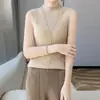 Peça única sem costura de uma linha, gola alta simples, cor sólida lisa, listrada, sem mangas, solta, casual, camisola de tricô 100% lã