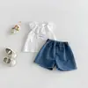 Conjunto de Dos Piezas para Bebé Niña Verano Estilo Delgado Cuello con Volantes Bordado sin Mangas y Shorts de Mezclilla Deshilachados Dianxi