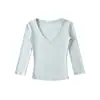 2655-2026 Estilo Novo Primavera/Verão Top Casual Puro Desejo com Decote V para Mulheres, Manga Média Justa Sexy Emagrecedor Camiseta