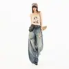 Jeans Laranja Infantil com Padrão Bigode de Gato, Lavado, Rasgado, Perna Larga para Mulheres, Caimento Solto, Emagrecedor, Estilo Vintage, Moderno, Versátil, Calça de Comprimento Total.