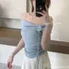 Estilo Francés de Verano Estilo Suave Cinta Floral Punto sin Hombros Ajuste Delgado Arrugado Top Irregular Camiseta de Manga Corta