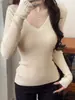 Top de Punto Canalé Rosa Suave Estilo Coreano con Cuello en V para Mujer, Ropa Interior de Manga Larga Adelgazante para Otoño