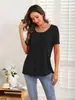 Camiseta de Mujer Nueva Primavera Europea y Americana Transfronteriza Color Sólido Cuello Redondo con Pliegues Ajustada de Manga Corta Top para Jalar