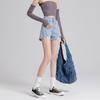 Shorts de Mezclilla para Mujer Verano Cintura Alta Diseño de Agujeros de Nicho Marca de Cuero Pantalones Calientes ins High Street de Moda Pantalones de Pierna Ancha A-Line con Piel