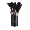 Balde de Armazenamento Popular Branco Cáqui com Alça de Madeira Conjunto de Utensílios de Cozinha de Silicone com 12 Peças Conjunto de Utensílios de Cozinha Conjunto de Cozinha