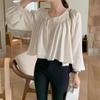 Chique Coreano Primavera 2026 Primavera/Verão Design Francês Cadarço Gola Redonda Solta Babydoll Camisa com Mangas Bufantes para Mulheres