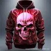 Moletom com capuz estampado em 3D de caveira, estilo dark americano para homens, streetwear moderno, moletom pulôver de corte folgado