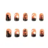 Uñas cuadradas cortas de Halloween postizas con diseños de calabaza, gato negro y dulces, parches de uñas postizas desmontables para vacaciones