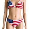 Nuevo traje de baño de dos piezas con estampado de la bandera americana, cuello halter y tiras de amarre, conjunto de bikini de triángulo para vacaciones, sexy y moderno