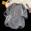 Camiseta Negra de Manga Corta Estilo Retro Americano de Comercio Exterior para Hombre, Top Holgado de Verano Tie-Dye Resistente con Cuello Redondo y Media Manga