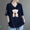 Comércio Exterior Transfronteiriço Roupas de Verão para Mães Estampadas Decote V Solto Tamanho Grande Casual Elegante Camiseta Feminina para Mulheres de Meia-Idade