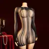 Lingerie sexy de manga comprida estilo europeu e americano, body de malha see-through sedutor jacquard vazado justo de alta elasticidade
