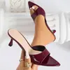 Sandálias Femininas de Salto Gatinho Vinho com Padrão de Folha de Salgueiro, Estilo Deslumbrante para Primavera e Verão, Tentação Madura, para Festa de Banquete, Casa, Viagem