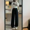 Jeans feminino para outono e inverno, forrado com fleece, espessado, cintura alta, modelagem solta, afina a silhueta, perna reta, com caimento, perna larga, calça de inverno quente para uso ao ar livre