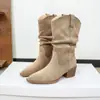 Dr. Botas para Mujer Martens 2025 Invierno Nuevas Puntiagudas Arrugadas Tacón Grueso Gamuza Cortas de Tacón Medio Botines Chelsea