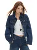 YECHUAN # Chaqueta de mezclilla azul oscuro estilo americano para mujer, corte ajustado, con cuello de solapa, estilo casual, top corto versátil