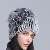 Gorro de Lana Grueso de Invierno Nuevo para Mujer Estilo Europeo y Americano, Gorro de Piel de Conejo Rex, Gorro de Punto con Cinturón Lateral y Flor