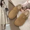 Nuevas Pantuflas de Algodón Cálido Forradas de Felpa Otoño/Invierno 2026, Estilo Birkenstock Retro Planas Cómodas de Punta Cerrada Pantuflas de Piel para Exteriores para Mujer