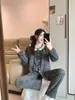 Novidade de Outono Pijama Feminino Algodão Nuvem Estilo Ins Japonês Fofo Manga Longa Urso Roupa de Casa Conjunto de Duas Peças com Bojos