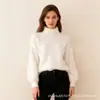 Primavera, Otoño e Invierno 2026 Nuevo Suéter de Punto Holgado de Color Sólido con Cuello Semi-Alto y Mangas de Linterna Estilo Coreano de Piel Sintética de Visón para Mujer