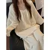 Bark CreaseNovos Pijamas de Outono para Mulheres Manga Longa Calça Longa Gola Redonda Franja Renda Cor Sólida Conjunto para Casa