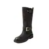 Botas de montar para mujer de piel de vaca + ante de vaca, botas nuevas de caña recta, puntera redonda de cuero genuino con hebilla de cinturón, tacón medio, acabado envejecido, botas de media pantorrilla para mujer