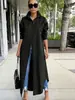 Vestido camisa largo negro con cuello para mujer, de estilo transfronterizo, de un solo pecho, corte holgado, hombros descubiertos, estilo elegante y casual
