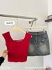 Sexy Pequenas Mangas Voadoras Costas Bonitas Colete Costas Nuas Vermelho Camiseta Pura Luxúria Sexy Alça Única Uma Copa Slim Slim Top
