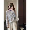 Camiseta de Manga Larga con Bloques de Color y Rayas, Suave y Pegajosa, Adelgazante, Cómoda, Recta, Holgada, Capa Base para Mujer, Otoño Invierno, Nuevo Artículo