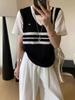 Camiseta de Punto de Manga Corta Falsa de Dos Piezas Estilo Universitario para Mujer, Estilo Coreano, Reductora de Edad, Cuello Redondo, Holgada, Adelgazante, para Verano