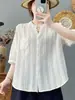 Camisa listrada de algodão puro com decote V para mulheres, manga média, corte solto, versátil, branca, top leve, camisa de malha torcida, modeladora e moderna