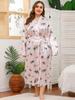 Amazon Transfronterizo Ropa de Dormir para Mujer Tallas Grandes Europea y Americana Satín Imitación Seda Estampada Oversize Bata de Baño de Manga Larga para Mujer